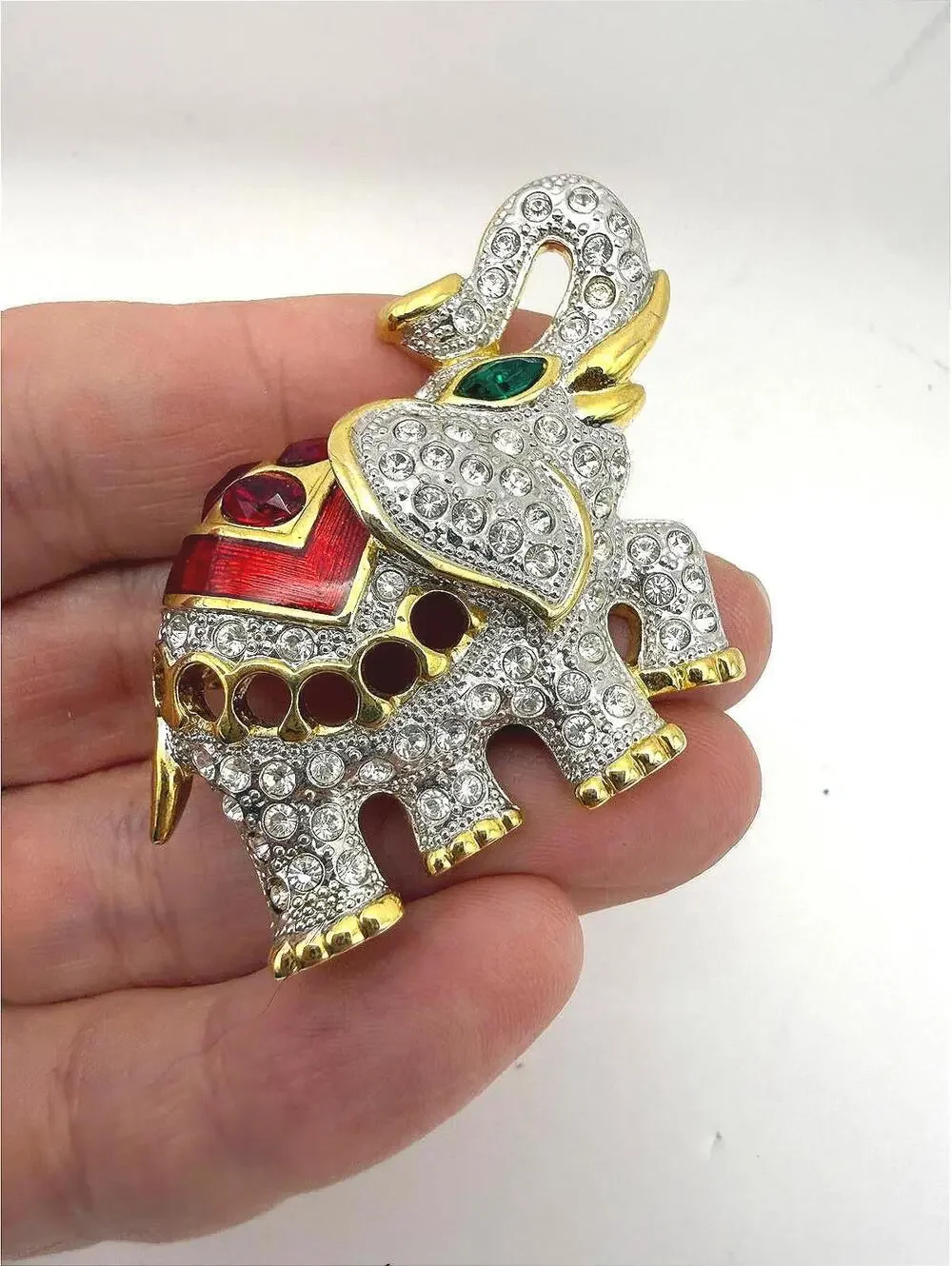 Vintage Elephant Brooch with Rhinestones and Enamel Detailing